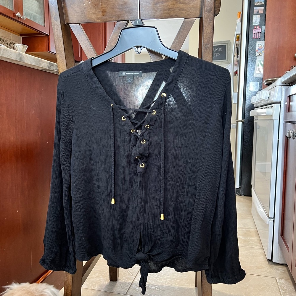 Inc. INC International Concepts Black Lace Up Blouse Front Tie